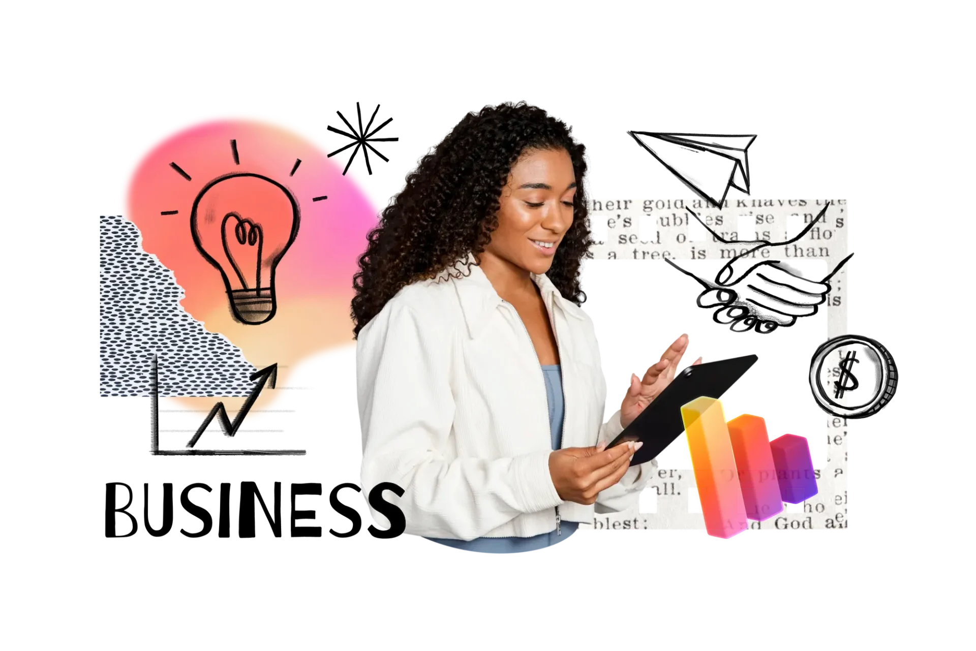 A woman holding a tablet stands in front of graphic elements, including a lightbulb, bar chart, and newspaper clippings.