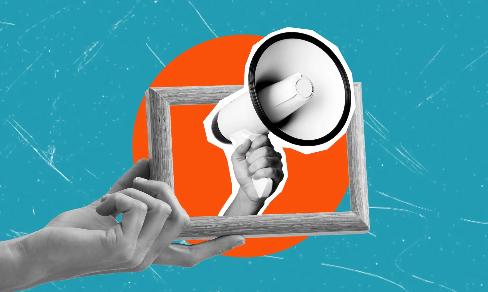 A hand holds a frame while another hand holds a megaphone inside the frame, set against a blue background with an orange circle.